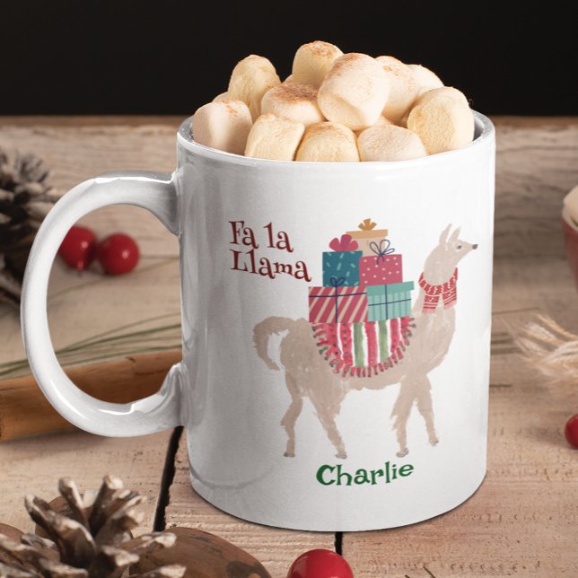 Taza De Café Navidades cortos llaman festividad animal personal (Llama lovers of any age would love this mug featuring my own art of a llama playing Santa Claus.)