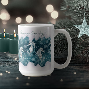 Taza De Café Navidades costeros caballitos de mar y copos de ni