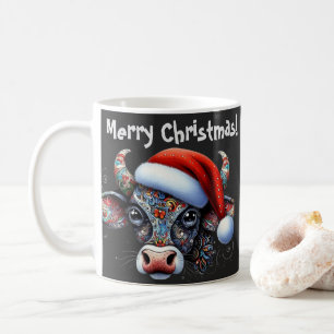Taza De Café Navidades Cow Bull con Santa Hat Arte Popular Mexi