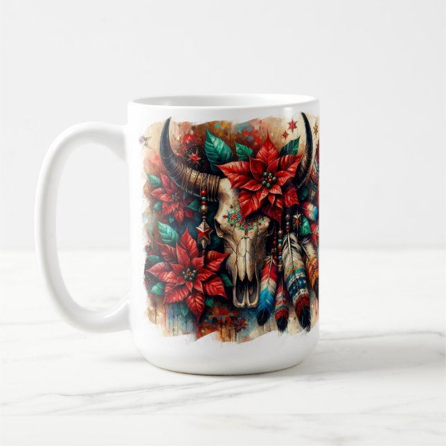 Taza De Café Navidades Cow Bull Skull Poinsettias Feathers (Izquierda)