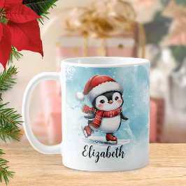 Taza De Café Navidades Cute Penguin Ice Skating Blue Red Person