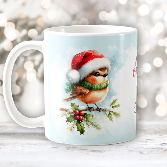 Taza De Café Navidades Cute Robin In Santa Hat Custom Name (Cute Robin In Santa Hat Custom Name Christmas Coffee Mug)