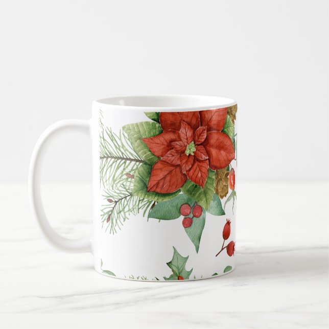 Taza De Café Navidades de acuarela Poinsettia y Cardenal Rojo (Izquierda)