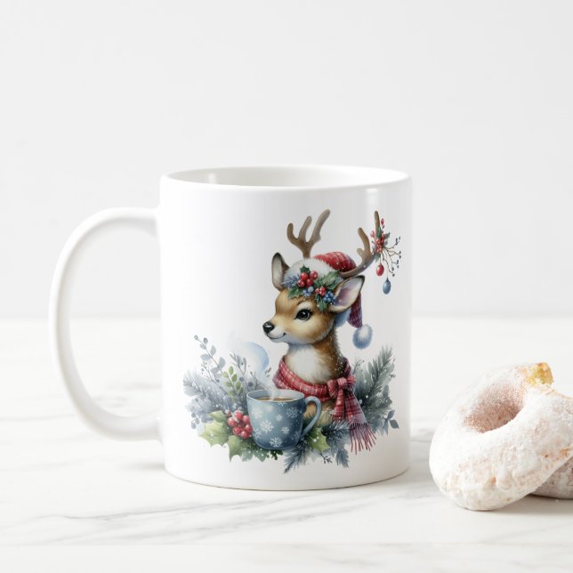 Taza De Café Navidades de acuarela reno (Con donut)