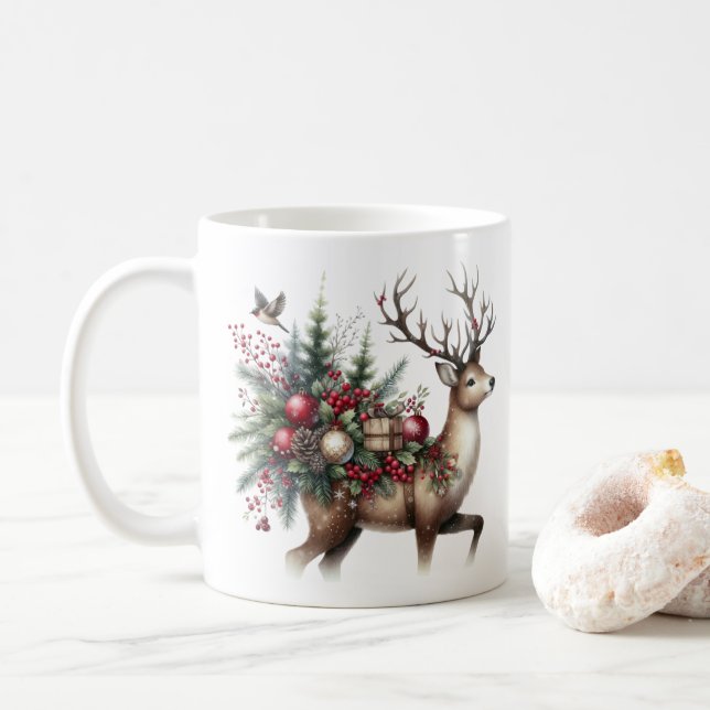 Taza De Café Navidades de acuarela reno (Con donut)