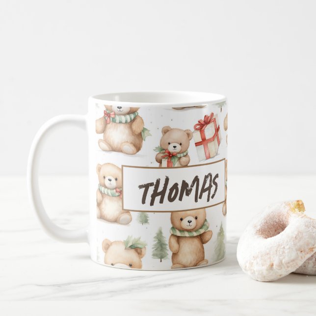 Taza De Café Navidades de acuarela Teddy Bear Name (Con donut)