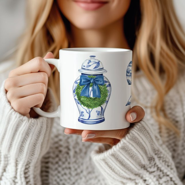 Taza De Café Navidades de Chinoiserie Ginger Jar con Bow (Chinoiserie Ginger Jar Christmas Mug)