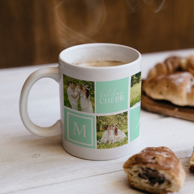 Taza De Café Navidades de Collage de fotos de Monograma Verde M (Holiday Cheer photo collage with monogram with fun mint green.  Great holiday photo gift.)