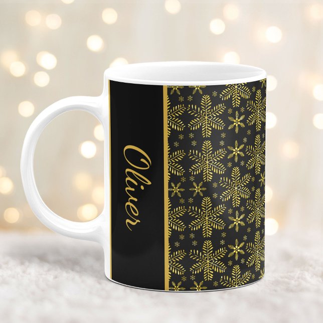 Taza De Café Navidades de copos de nieve negros y dorados mug c (Subido por el creador)
