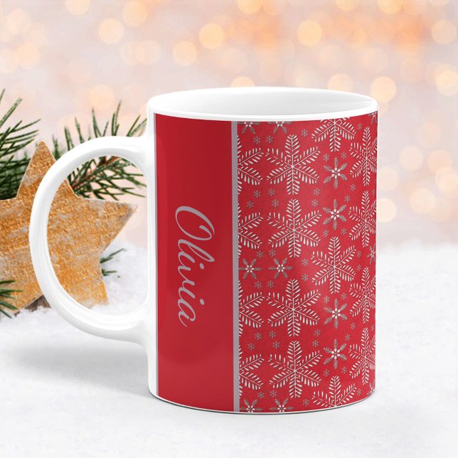 Taza De Café Navidades de copos de nieve rojos y plateados mug  (Subido por el creador)