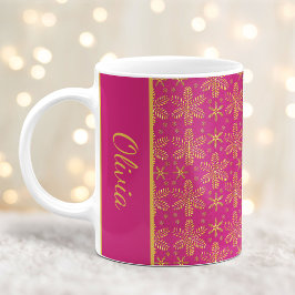 Taza De Café Navidades de copos de nieve rosados y dorados mug 