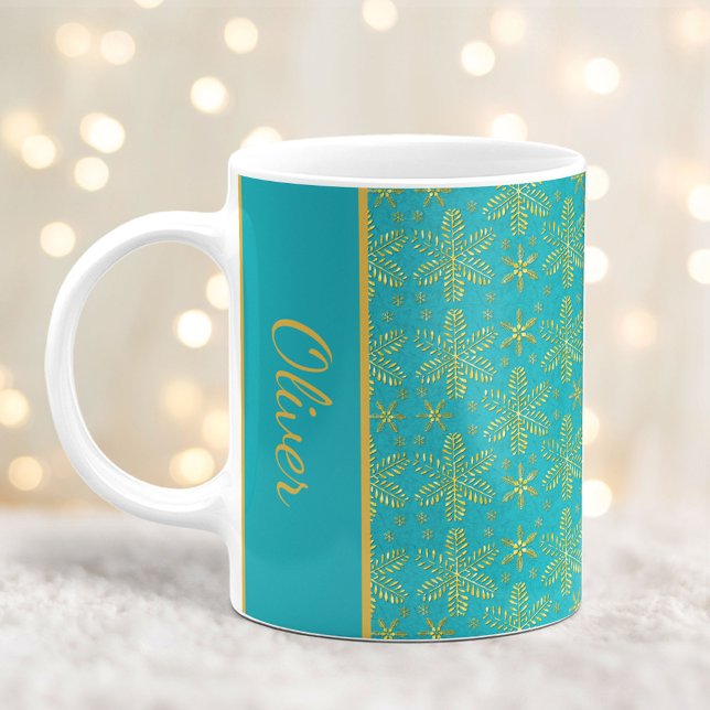 Taza De Café Navidades de copos de nieve turquesa y dorada Mug (Subido por el creador)