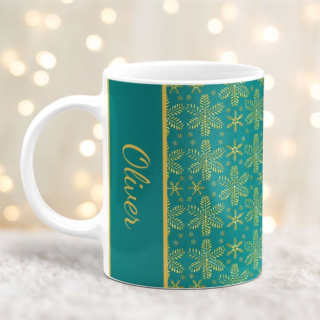 Taza De Café Navidades de copos de nieve verde azulados y dorad (Subido por el creador)