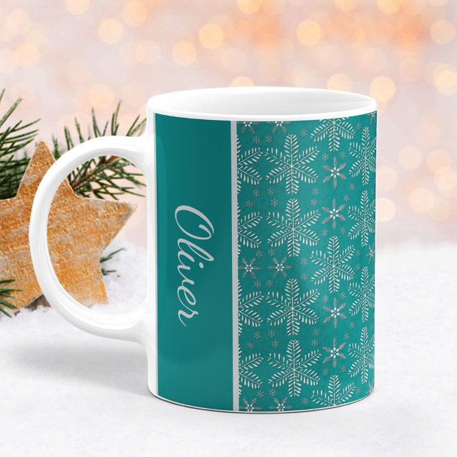 Taza De Café Navidades de copos de nieve verde azulados y plate (Subido por el creador)