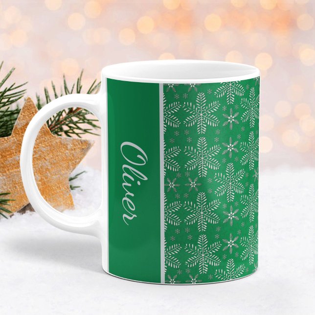 Taza De Café Navidades de copos de nieve verdes y plateados Mug (Subido por el creador)