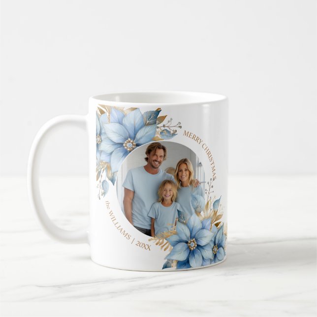 Taza De Café Navidades de flores Icy Blue Gold Poinsettia (Izquierda)