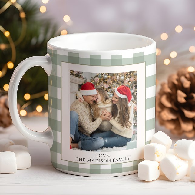 Taza De Café Navidades de fotografía de la familia Green Plaid (Subido por el creador)