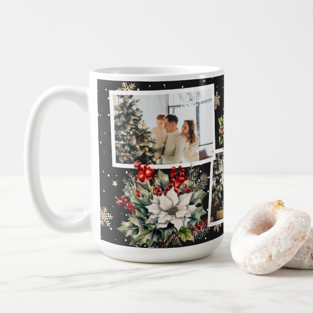 Taza De Café Navidades de fotografía negra de Poinsettia Holly  (Con donut)