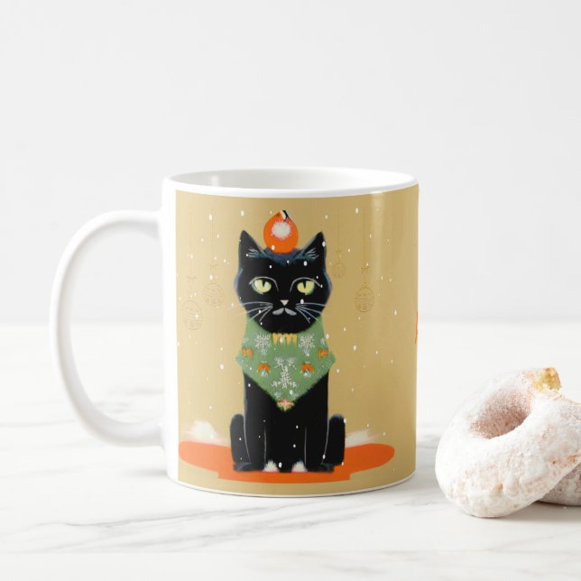 Taza De Café Navidades de gato negro aburrido personalizado (Con donut)