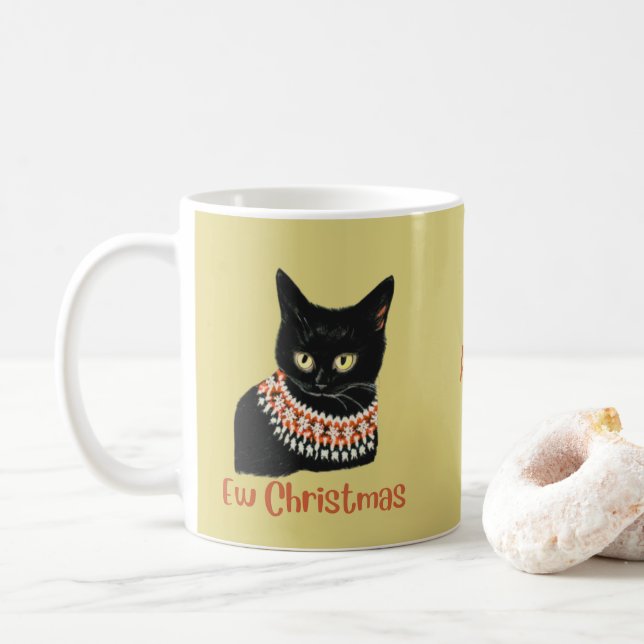 Taza De Café Navidades De Gato Negro Personalizados Suéter Feo (Con donut)