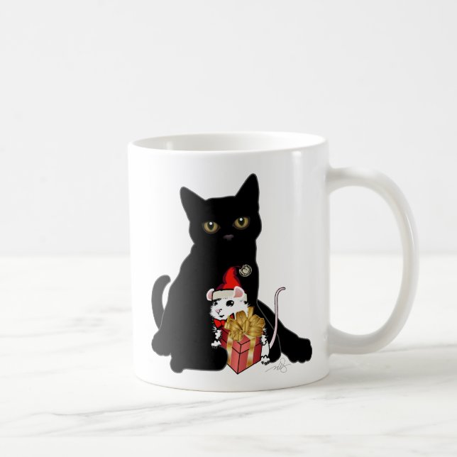 Taza De Café Navidades de gato y ratón blanco negros (Derecha)