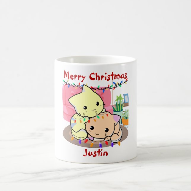 Taza De Café Navidades de gatos en esteras, nombre personalizad (Centro)
