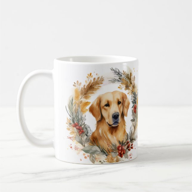 Taza De Café Navidades de Golden Retriever Wreath Festial Pup (Izquierda)