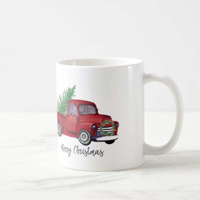 Taza De Café Navidades de granjas acuardan camioneta roja (Derecha)