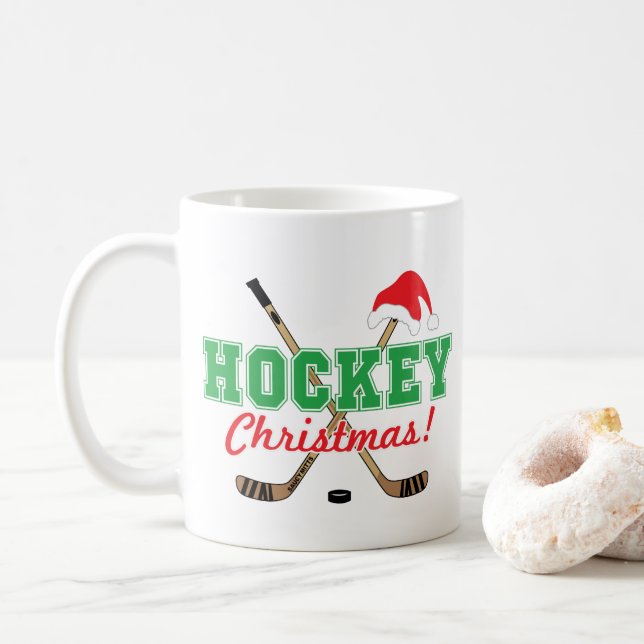 Taza De Café Navidades de hockey pegan a Santa Hat (Con donut)