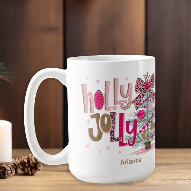 Taza De Café Navidades de Holly Jolly Pink Gold Tree (Pink and leopard print "Holly Jolly" Christmas tree coffee mug)