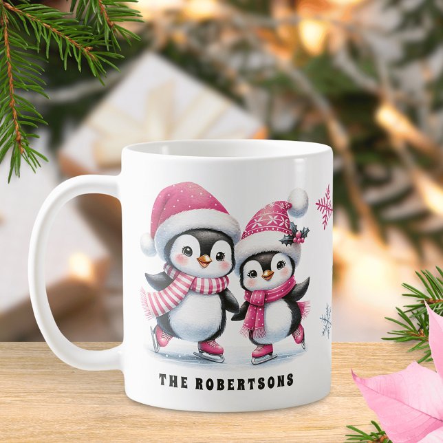 Taza De Café Navidades de la familia Pink Cute Penguins con pat (Subido por el creador)