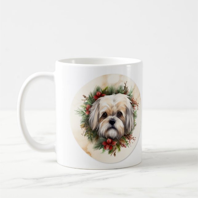 Taza De Café Navidades de Lhasa Apso Wreath Festimes Pup (Izquierda)