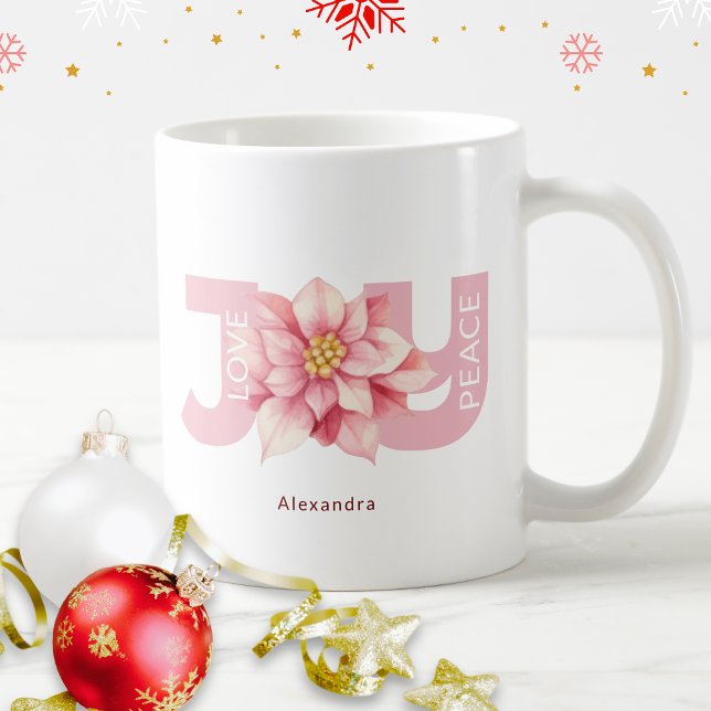 Taza De Café Navidades de Love Peace Joy Pink Poinsettia (Subido por el creador)