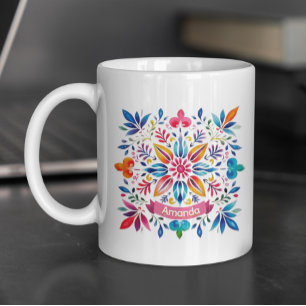 Taza De Café Navidades de monogramas florales de arte folclóric