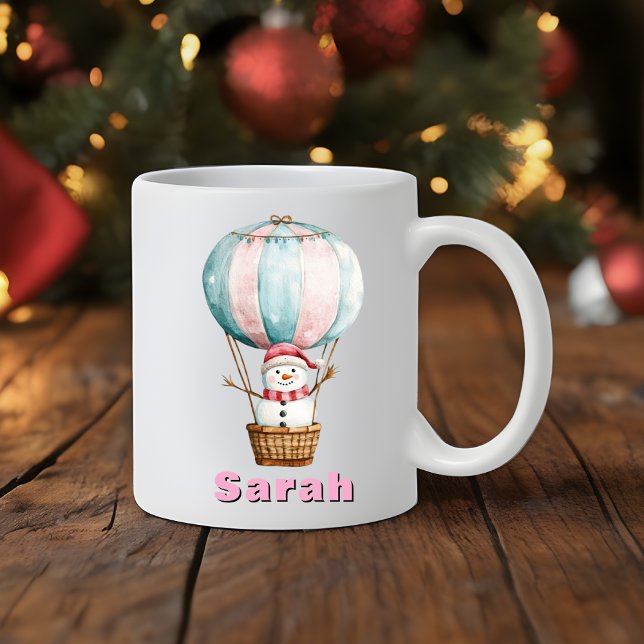 Taza De Café Navidades de nombres personalizados del globo aero (Hot Air Balloon Snowman Custom Name Christmas Coffee Mug
)