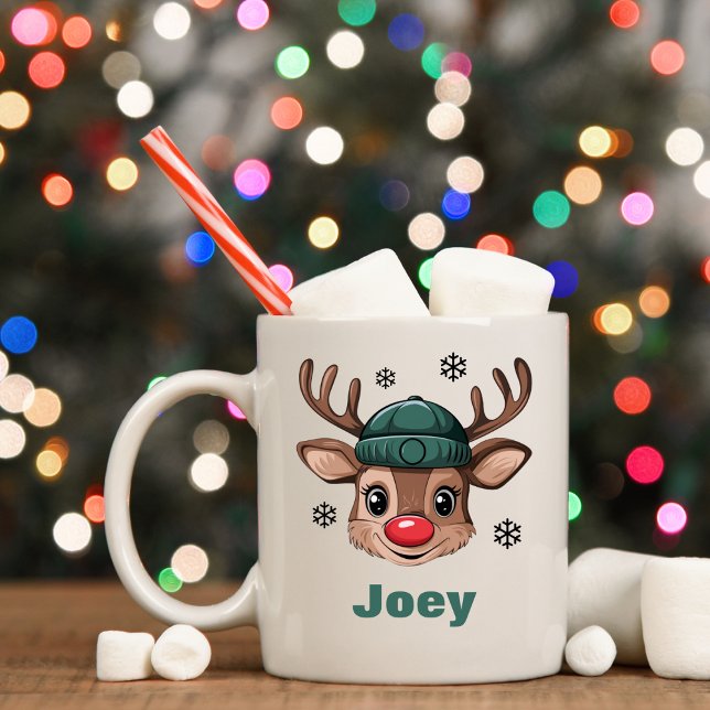Taza De Café Navidades de nombres personalizados Reindeer Beani (Personalized Name Christmas Reindeer Green Beanie Coffee Mug
)