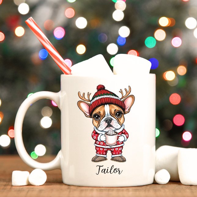 Taza De Café Navidades de perro de la cuta francesa Mug (French bulldog personalized Christmas mug.)