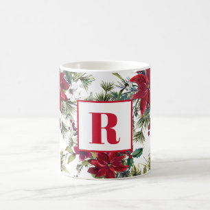Taza De Café Navidades de Poinsettia del Monograma Rojo