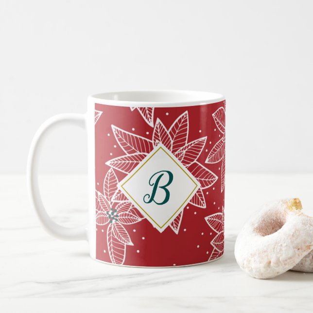 Taza De Café Navidades de Poinsettia Roja Mug inicial (Con donut)