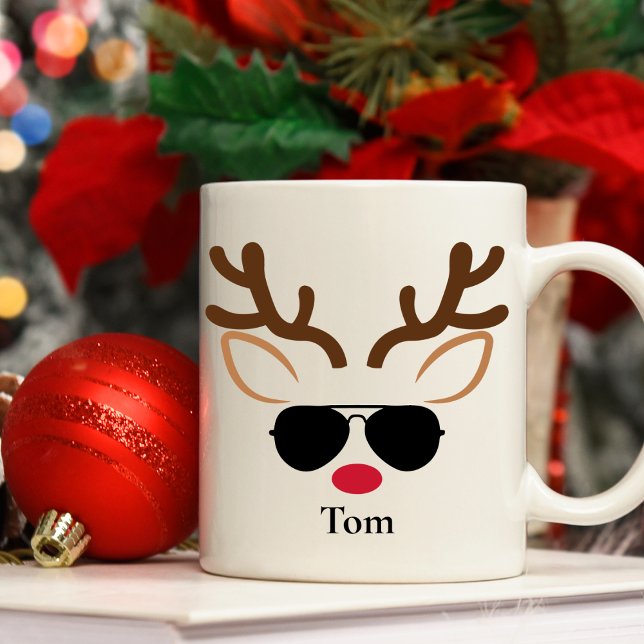 Taza De Café Navidades de reno Guay Sunglass personalizados Mug (Personalised Cool Sunglass Reindeer Christmas Mug)
