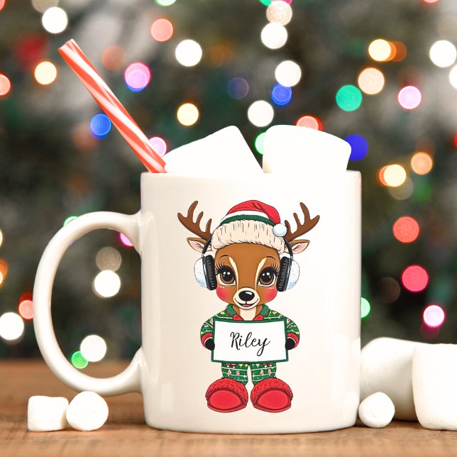 Taza De Café Navidades de renos de burro (Cute Christmas reindeer in Christmas pajamas, custom holiday mug.)