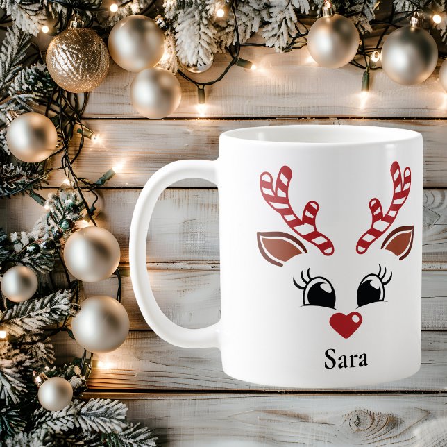 Taza De Café Navidades de renos de caña de caña personalizada M (Personalised Candy Cane Reindeer Christmas Mug
)