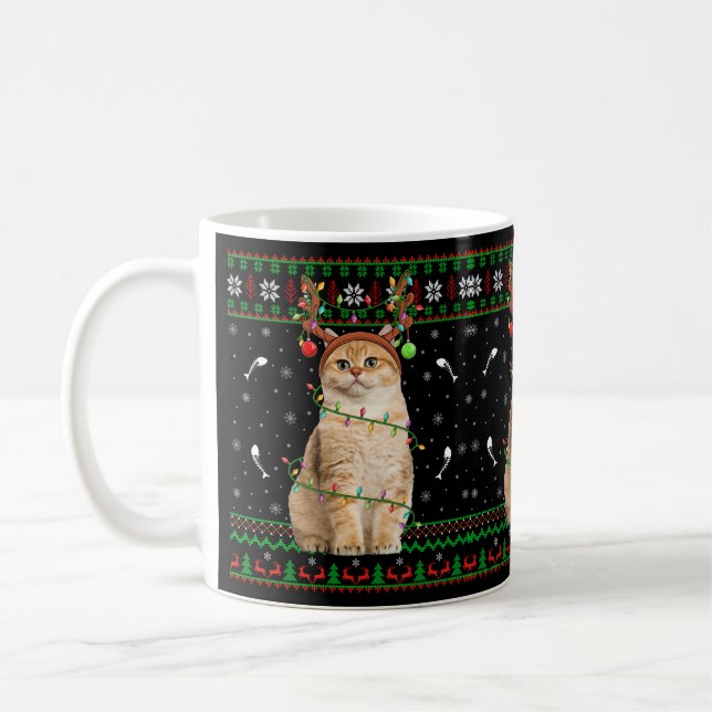 Taza De Café Navidades de Santa Cat Ugly Xmas Sweater Lighting (Izquierda)