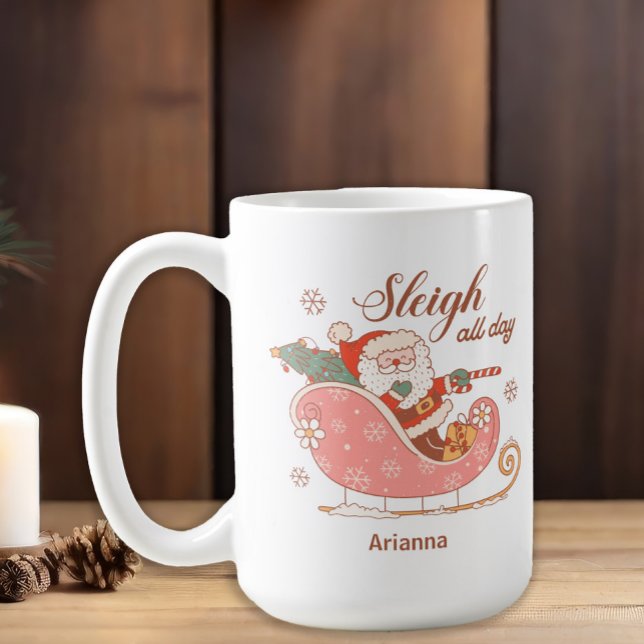 Taza De Café Navidades de Santa Pink Sleigh todo el día (Vintage Santa Claus "Sleigh all day" customizable Christmas mug)