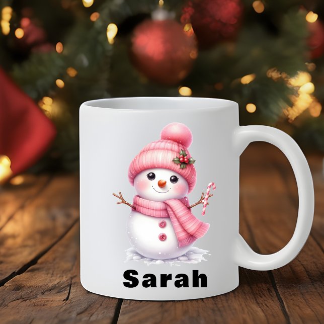 Taza De Café Navidades de Snowman rosado de Candy Cane (Sweet Candy Cane Pink Snowman Christmas Coffee Mug)
