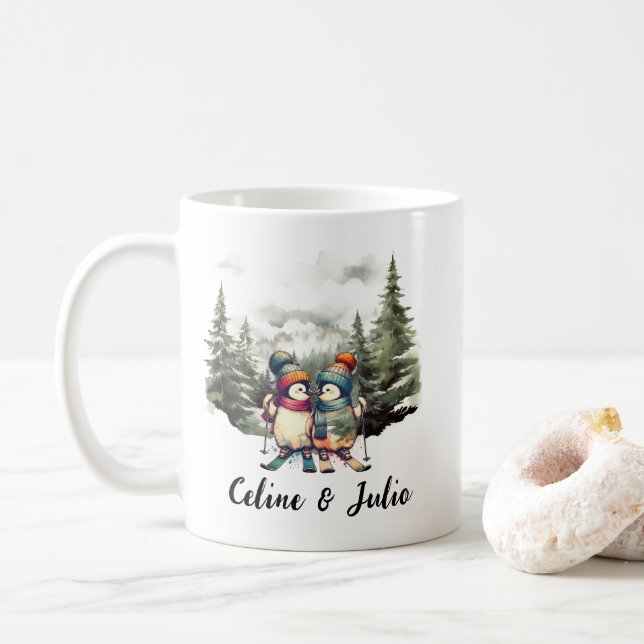 Taza De Café Navidades de vacaciones Rústico Esquí Pingüino Ver (Con donut)