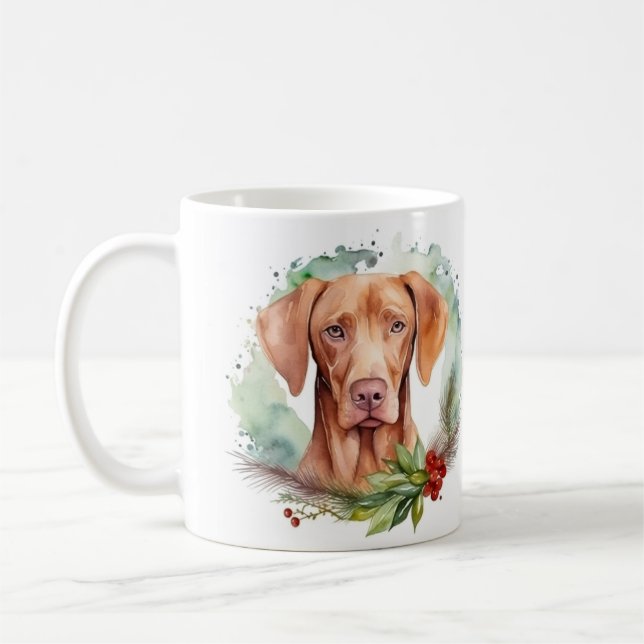 Taza De Café Navidades de Vizsla Wreath Festimes Pup (Izquierda)