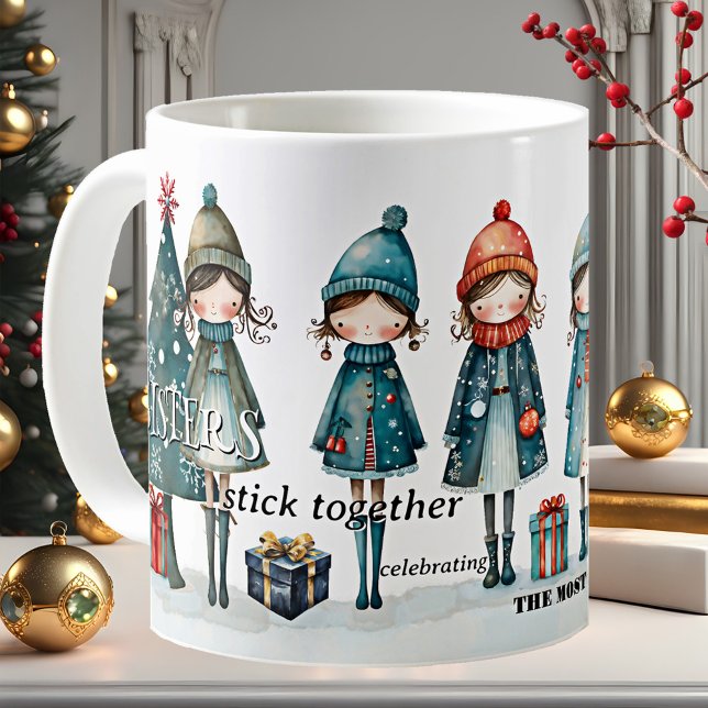 Taza De Café Navidades de Whimsical Girly (Mug with a whimsical illustration of cute girls and Christmas trees with gifts - sisters - besties)
