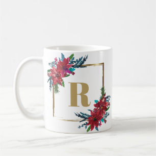 Taza De Café Navidades del Monograma Dorado Poinsettia