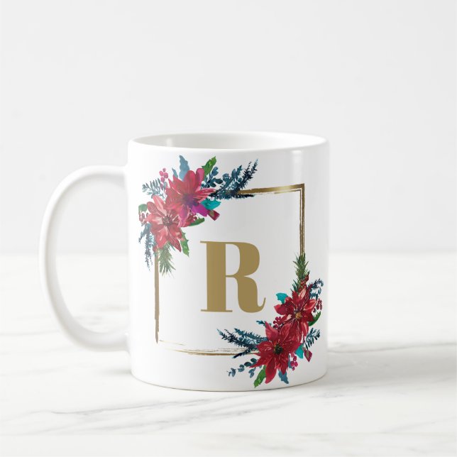 Taza De Café Navidades del Monograma Dorado Poinsettia (Izquierda)